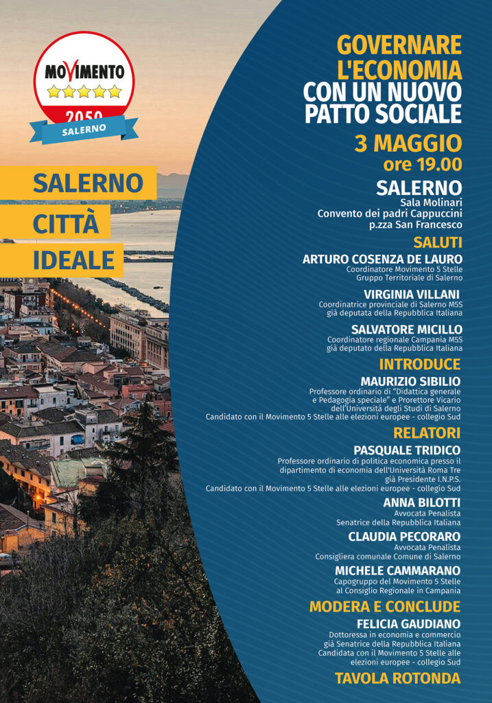 Il prossimo 3 maggio, presso la Sala Molinari del convento dei Padri Cappuccini a Salerno, si terrà un importante convegno organizzato dal Gruppo Territoriale del Movimento 5 Stelle di Salerno, all'interno degli incontri del ciclo "Salerno Città Ideale".