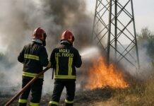 Incendio a Salerno: Vigili del Fuoco in azione vicino a un traliccio elettrico incendio a Salerno