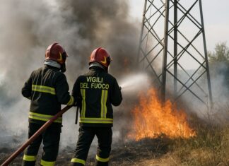 Incendio a Salerno: Vigili del Fuoco in azione vicino a un traliccio elettrico incendio a Salerno