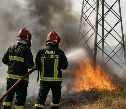 Incendio a Salerno: Vigili del Fuoco in azione vicino a un traliccio elettrico incendio a Salerno