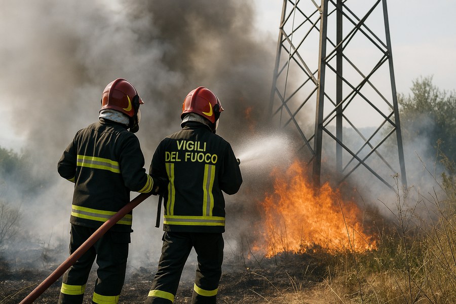 Incendio vicino a traliccio elettrico a Salerno, Vigili del Fuoco in azione